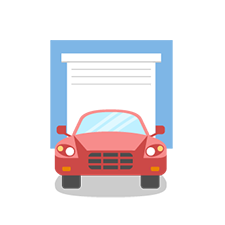 Cartoon red vehicle parked in front of a vehicle storage unit door.